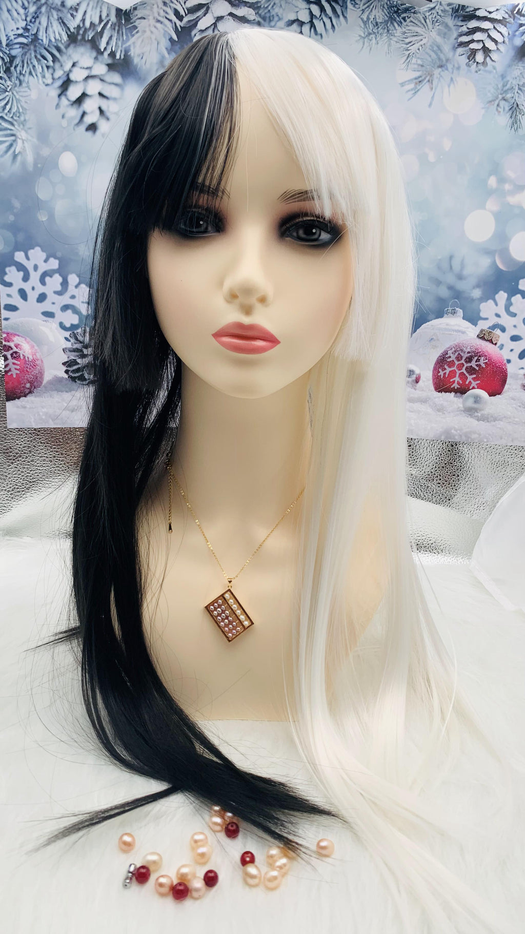 Black with white Long Wig for Women