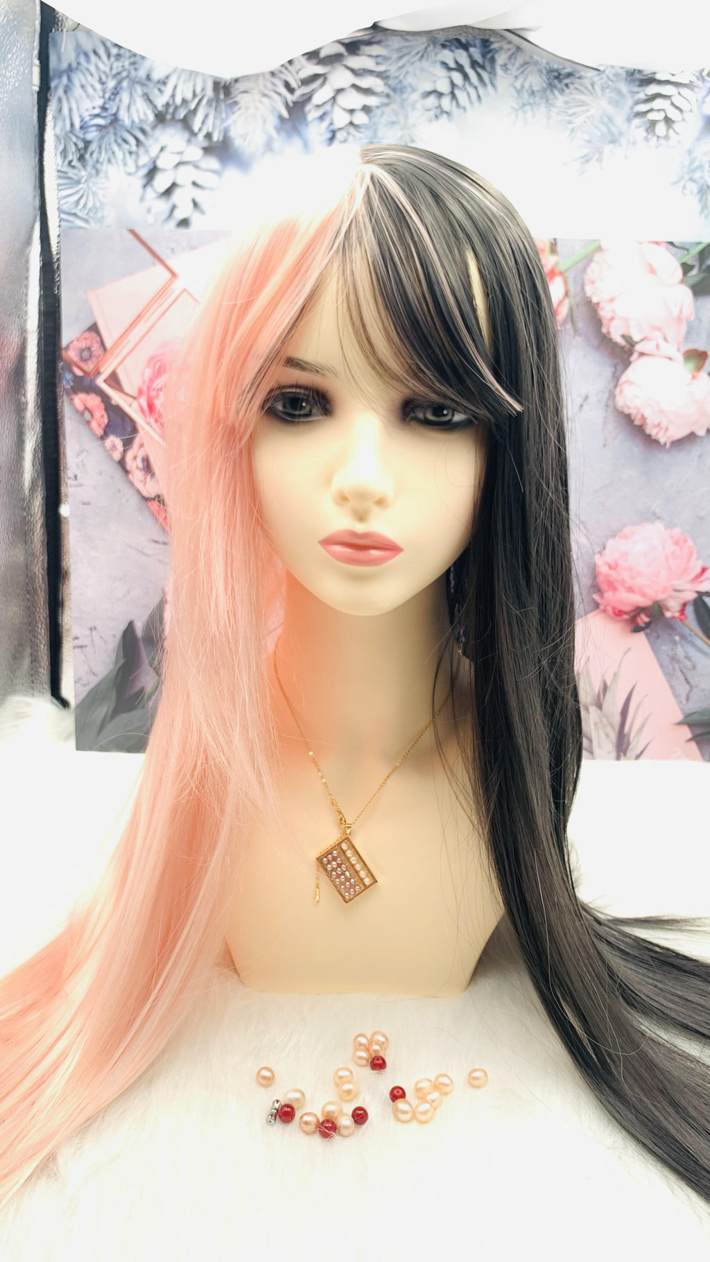Black with Pink Long Wig for Women
