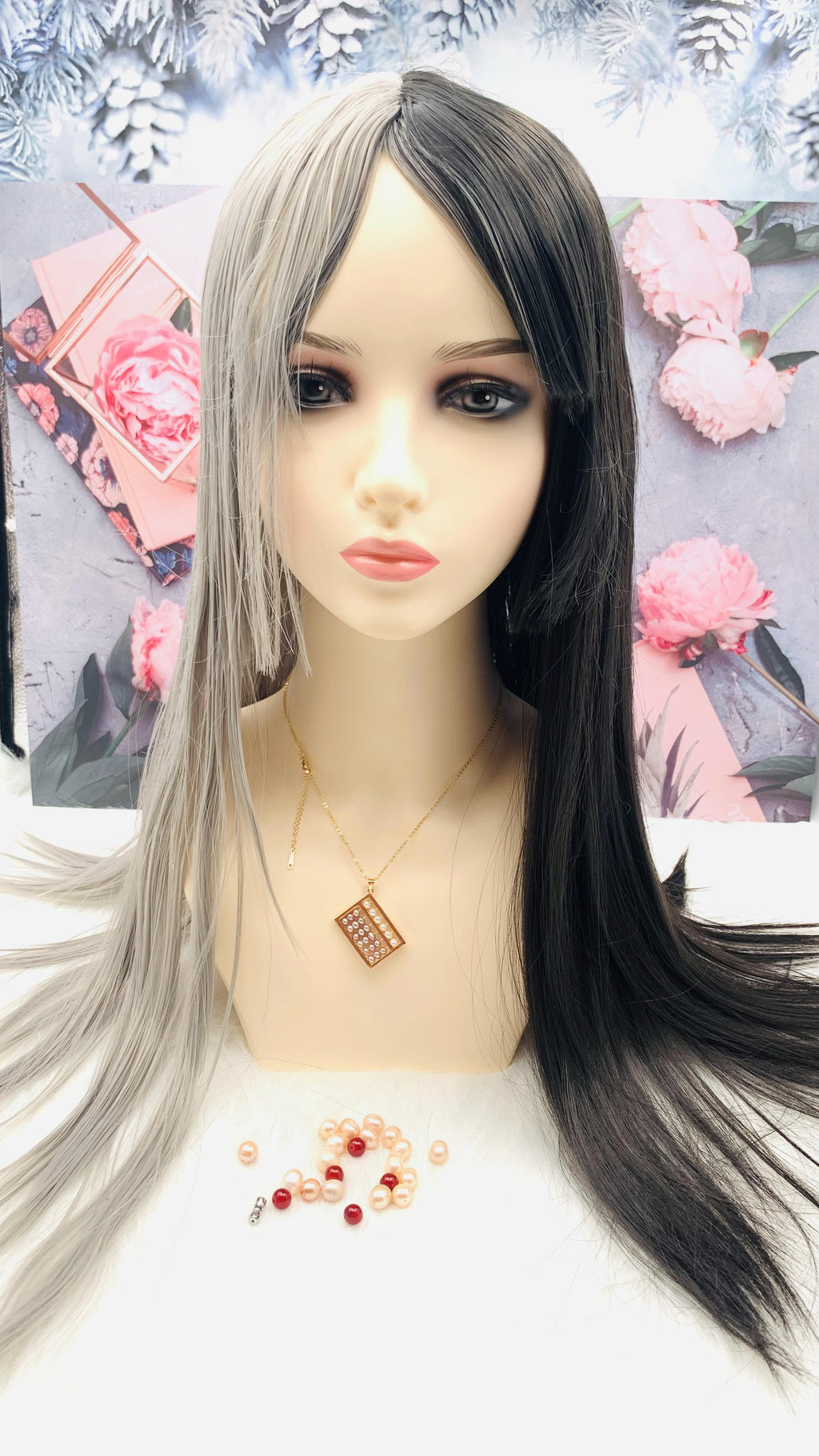 Black with Gray Long Wig for Women